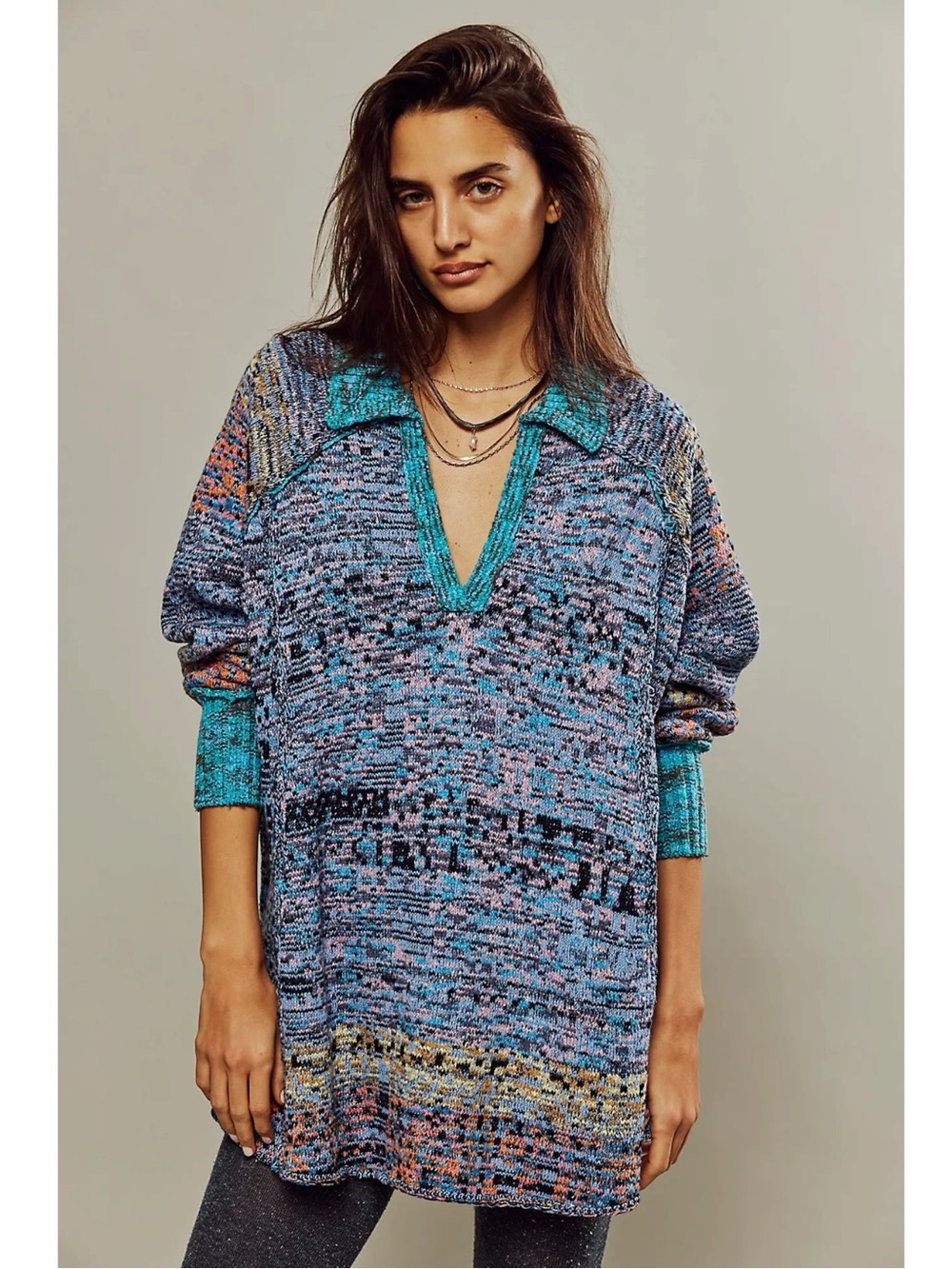 Free People Bohemian Seasons Of Sun Oversized Tunic Sweater Dress XL 70s Fall